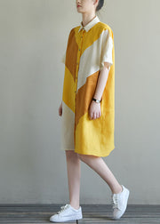 Stilvolles Colorblock-Knopf-Peter-Pan-Kragen-Patchwork-Multi-Baumwoll-A-Linien-Kleid mit kurzen Ärmeln