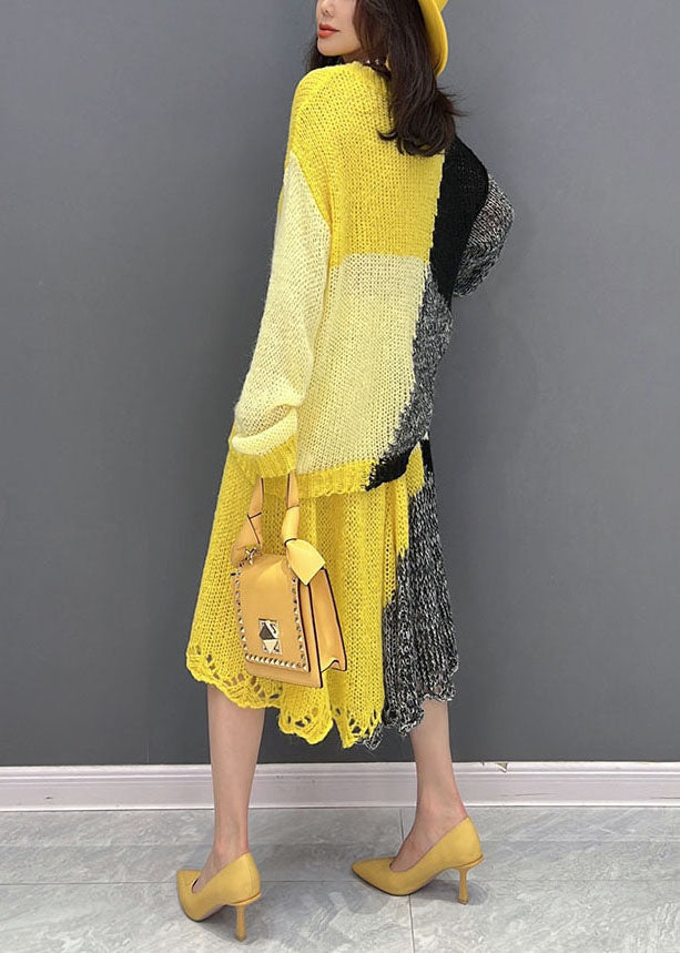 Stylish Colorblock Oversized Patchwork Knit Two Pieces Set Fall
