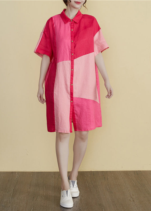 Stilvolles Colorblock Bubikragen Knopf Patchwork Hemdkleid Kurzarm