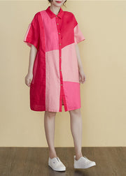 Stilvolles Colorblock Bubikragen Knopf Patchwork Hemdkleid Kurzarm