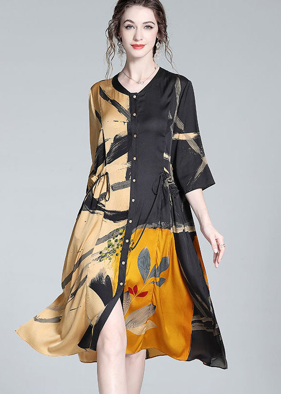 Stylish Colorblock Stand Collar Print Wrinkled Silk Dresses Bracelet Sleeve