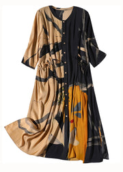 Stylish Colorblock Stand Collar Print Wrinkled Silk Dresses Bracelet Sleeve