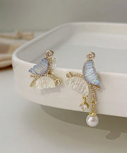 Stylish Colorblock Sterling Silver Alloy Zircon Asymmetric Crystal Pearl Butterfly Drop Earrings