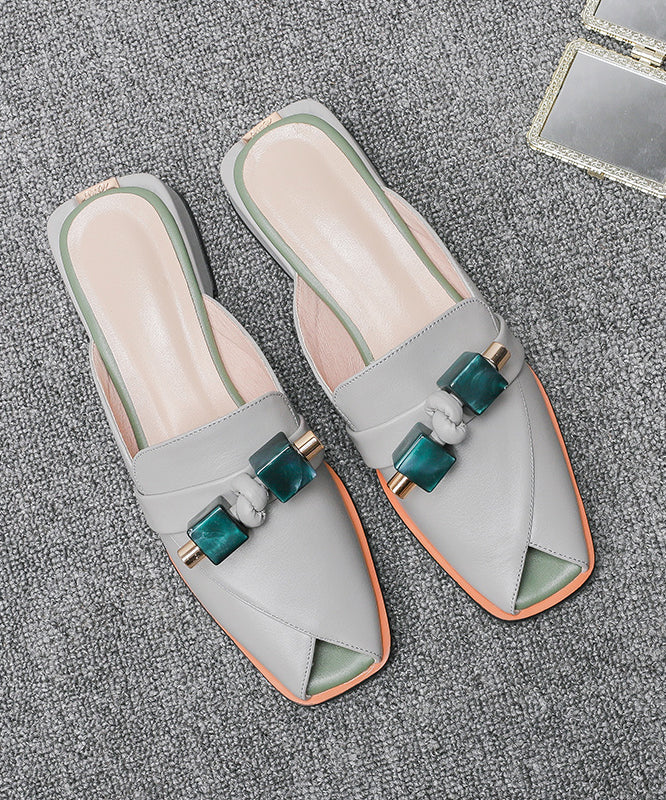 Stylish Comfy Grey Cowhide Leather Splicing Slide Sandals