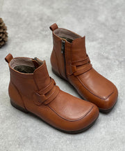 Stylish Cowhide Leather Boots Zippered Warm Fleece Flat Boots