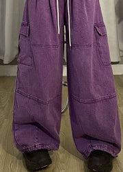 Stylish Cozy Purple Pockets Patchwork Cotton Wide Leg Pants Spring