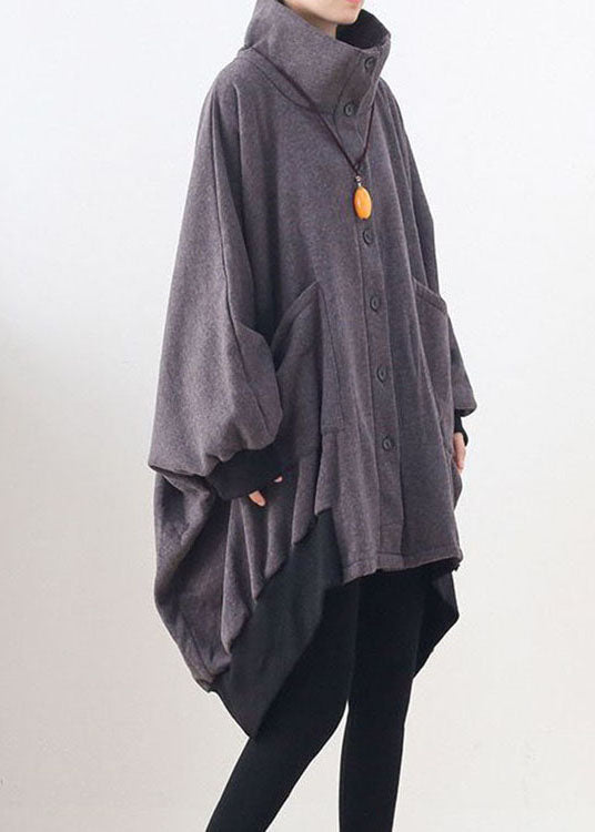 Stylish Dark Gray Pockets Button Knit asymmetrical design Fall Loose Sweatshirts Coat
