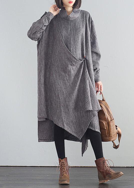 Stylish Dark Gray Turtleneck Asymmetrical Low High Design Cotton Long Dresses Fall