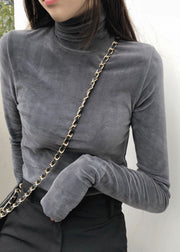 Stylish Dark Gray Turtleneck Warm Fleece Thick Velour Tops Bottoming Shirt