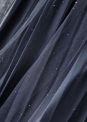 Stylish Dark Grey Elastic Waist Sequins Tulle Pleated Skirt Summer