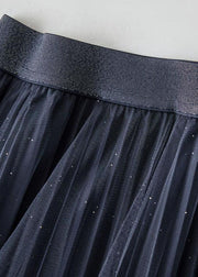 Stylish Dark Grey Elastic Waist Sequins Tulle Pleated Skirt Summer