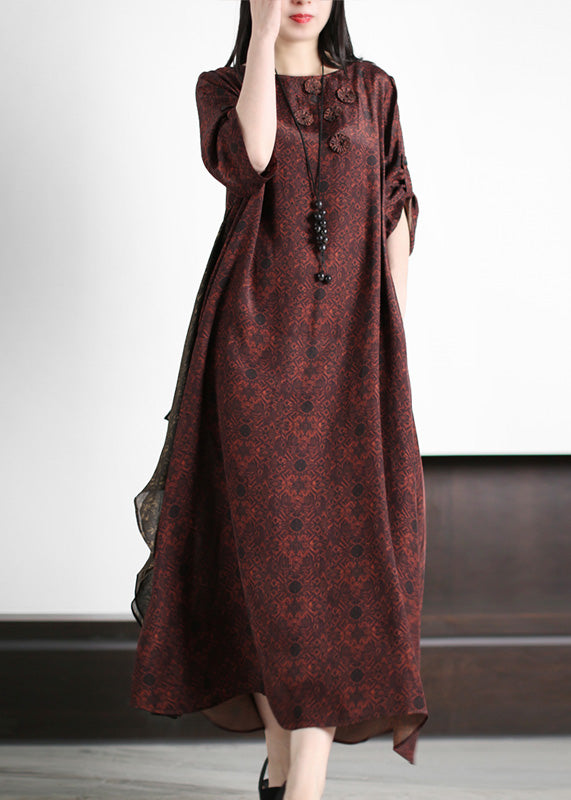 Stylish Dark Red O-Neck Print Silk Maxi Dress Summer
