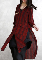 Stylish Dark Red Peter Pan Collar Striped Button Side Open Low High Design Long Shirts Spring