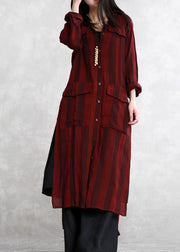 Stylish Dark Red Peter Pan Collar Striped Button Side Open Low High Design Long Shirts Spring