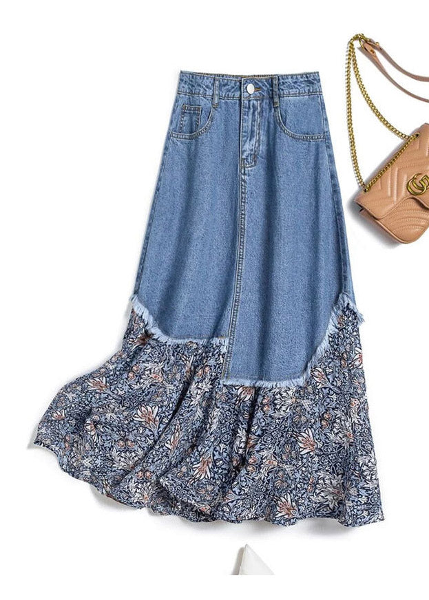 Stylish Denim Blue Asymmetrical Patchwork Print Button Pockets Maxi Skirt Summer