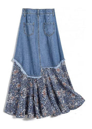 Stylish Denim Blue Asymmetrical Patchwork Print Button Pockets Maxi Skirt Summer