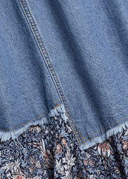 Stilvoller Jeansblauer asymmetrischer Patchwork-Druck Knopftaschen Maxirock Sommer