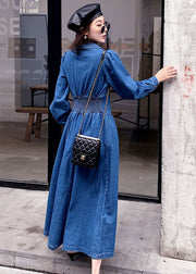 Stylish Denim Blue Cinched Patchwork Elastic Waist Long Dresses Spring