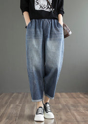 Stylish Denim Blue Solid Color Elastic Waist Pockets Patchwork Applique Cotton Harem Pants Summer