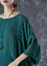 Stylish Dull Green Oversized Striped Linen Dresses Batwing Sleeve