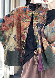 Stylish Floral Colour Stand Collar Pockets Linen Coats Long Sleeve