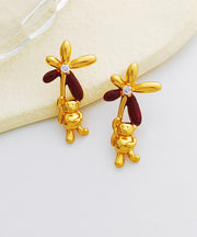 Stylish Gold Copper Overgild Oil Drip Zircon Little Bear Floral Stud Earrings