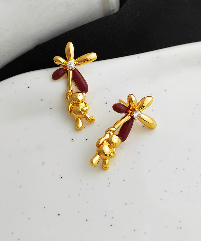 Stylish Gold Copper Overgild Oil Drip Zircon Little Bear Floral Stud Earrings