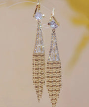 Stylish Gold Overgild Zircon Fan Shaped Chain Tassel Drop Earrings