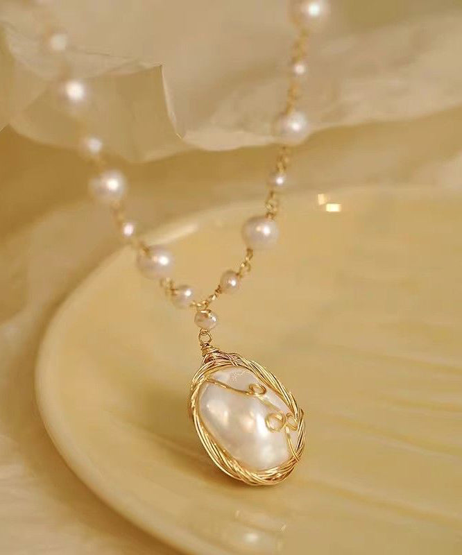 Stylish Gold Pearl Wrapping Wire Tassel Pendant Necklace