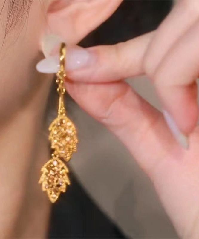 Stylish Gold Stering Silver Overgild Zircon Leaf Tassel Drop Earrings