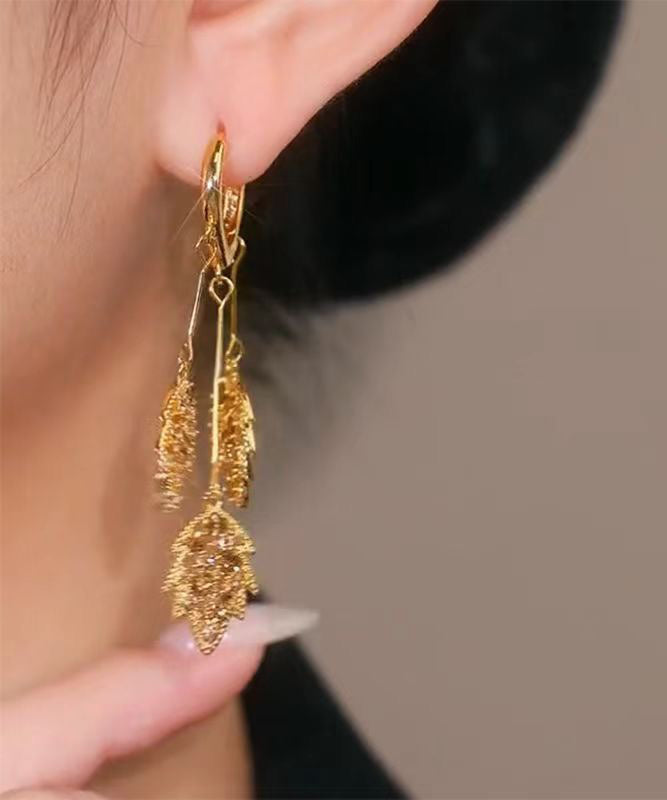 Stylish Gold Stering Silver Overgild Zircon Leaf Tassel Drop Earrings