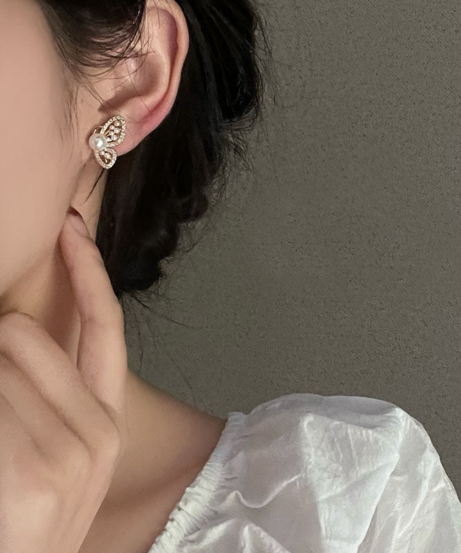 Stylish Gold Sterling Silver Alloy Zircon Pearl Butterfly Stud Earrings
