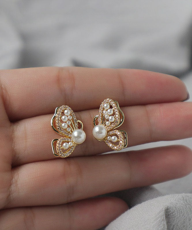 Stylish Gold Sterling Silver Alloy Zircon Pearl Butterfly Stud Earrings