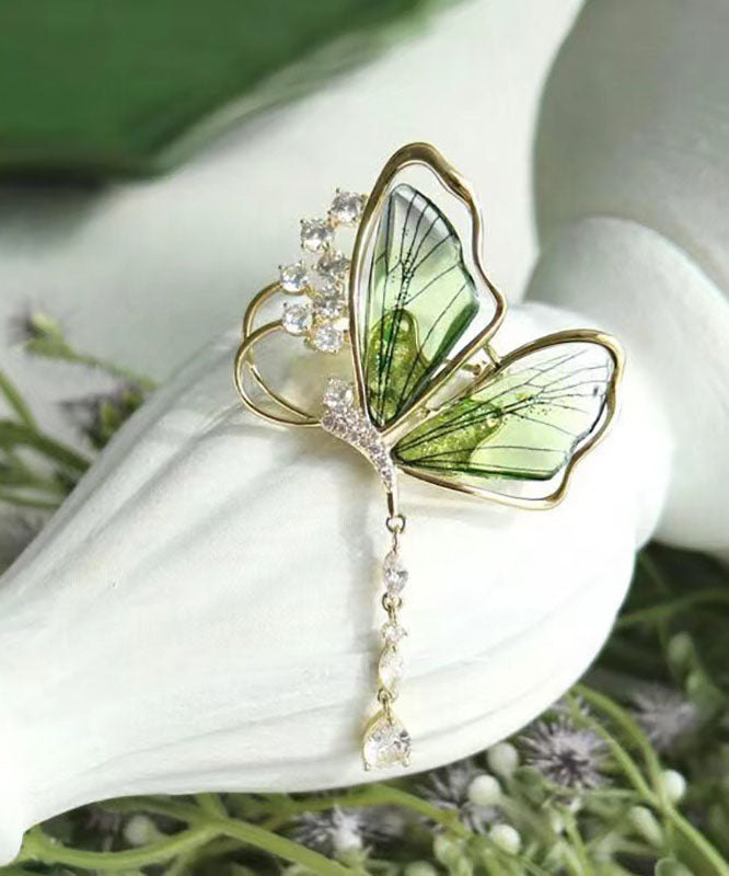 Stylish Green Alloy Zircon Butterfly Tassel Brooches