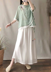 Stylish Green Embroidered Asymmetrical Linen Blouse Top Summer