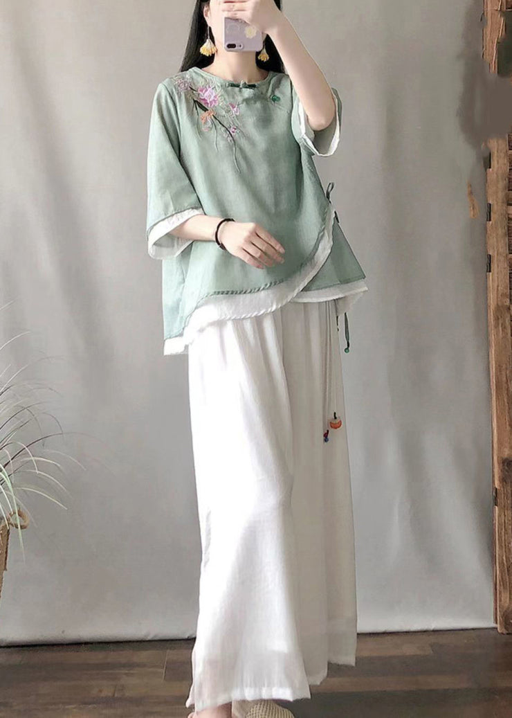 Stylish Green Embroidered Asymmetrical Linen Blouse Top Summer