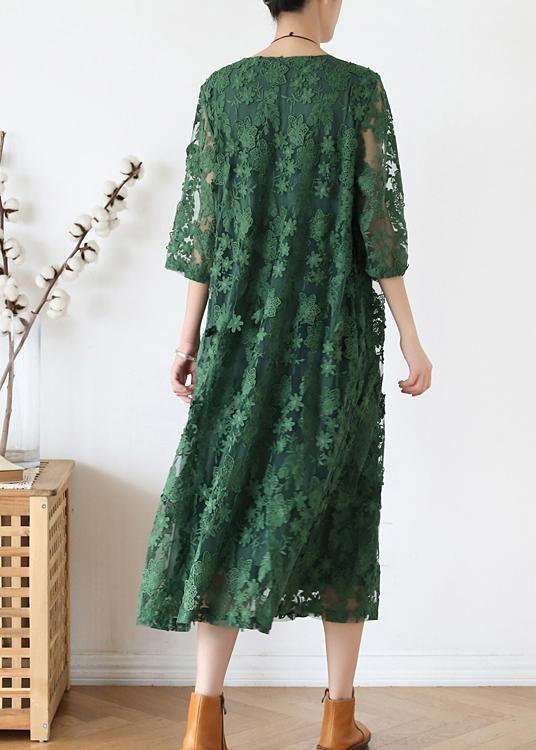 Stylish Green Embroideried Half Sleeve Party Summer Lace Dress - SooLinen