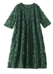 Stylish Green Embroideried Half Sleeve Party Summer Lace Dress - SooLinen