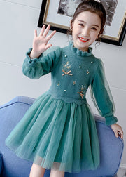 Stylish Green Embroidered Nail Bead Patchwork Tulle Kids Girls Dresses Fall