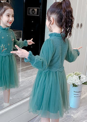 Stylish Green Embroidered Nail Bead Patchwork Tulle Kids Girls Dresses Fall