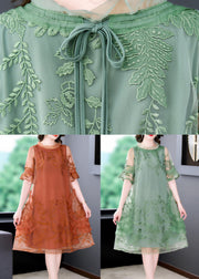 Stylish Green Embroidered Patchwork Tulle Mid Dresses Summer