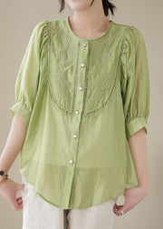 Stylish Green Embroidered Wrinkled Patchwork Cotton Shirts Summer