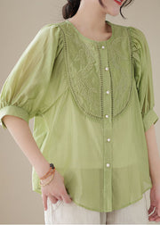 Stylish Green Embroidered Wrinkled Patchwork Cotton Shirts Summer