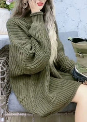 Stylish Green Hign Neck Thick Patchwork Knit Sweaters Fall