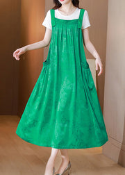 Stylish Green Jacquard Spaghetti Strap Dress Silk Two Pieces Set Summer