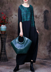 Stylish Green O-Neck Asymmetrical Patchwork Curve Silk Long Dress Long Sleeve