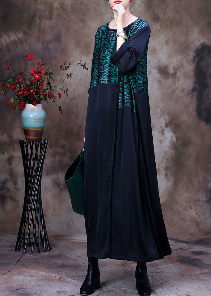 Stylish Green O-Neck Asymmetrical Patchwork Curve Silk Long Dress Long Sleeve