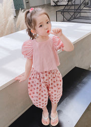 Stylish Green O-Neck Print Cotton Girls Top And Crop Pants Two Pieces Set Short Sleeve