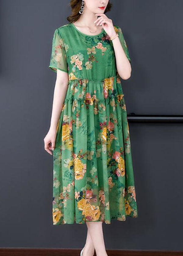 Stylish Green O-Neck Ruffled Print Patchwork Silk Dresses Summer