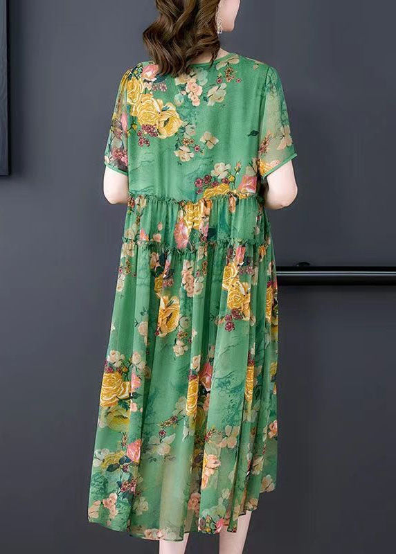 Stylish Green O-Neck Ruffled Print Patchwork Silk Dresses Summer